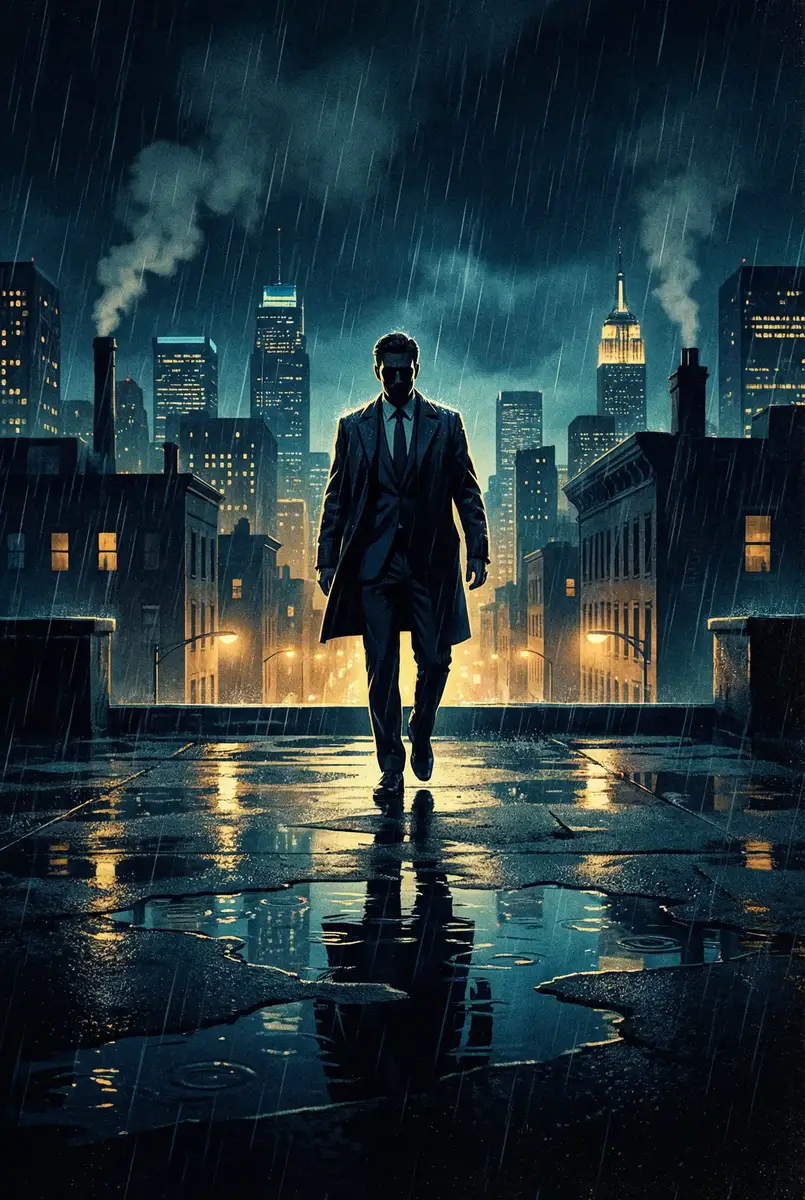 幻塔兑换码 出品影片《雨夜独行者》海报，雨中城市屋顶男性剪影